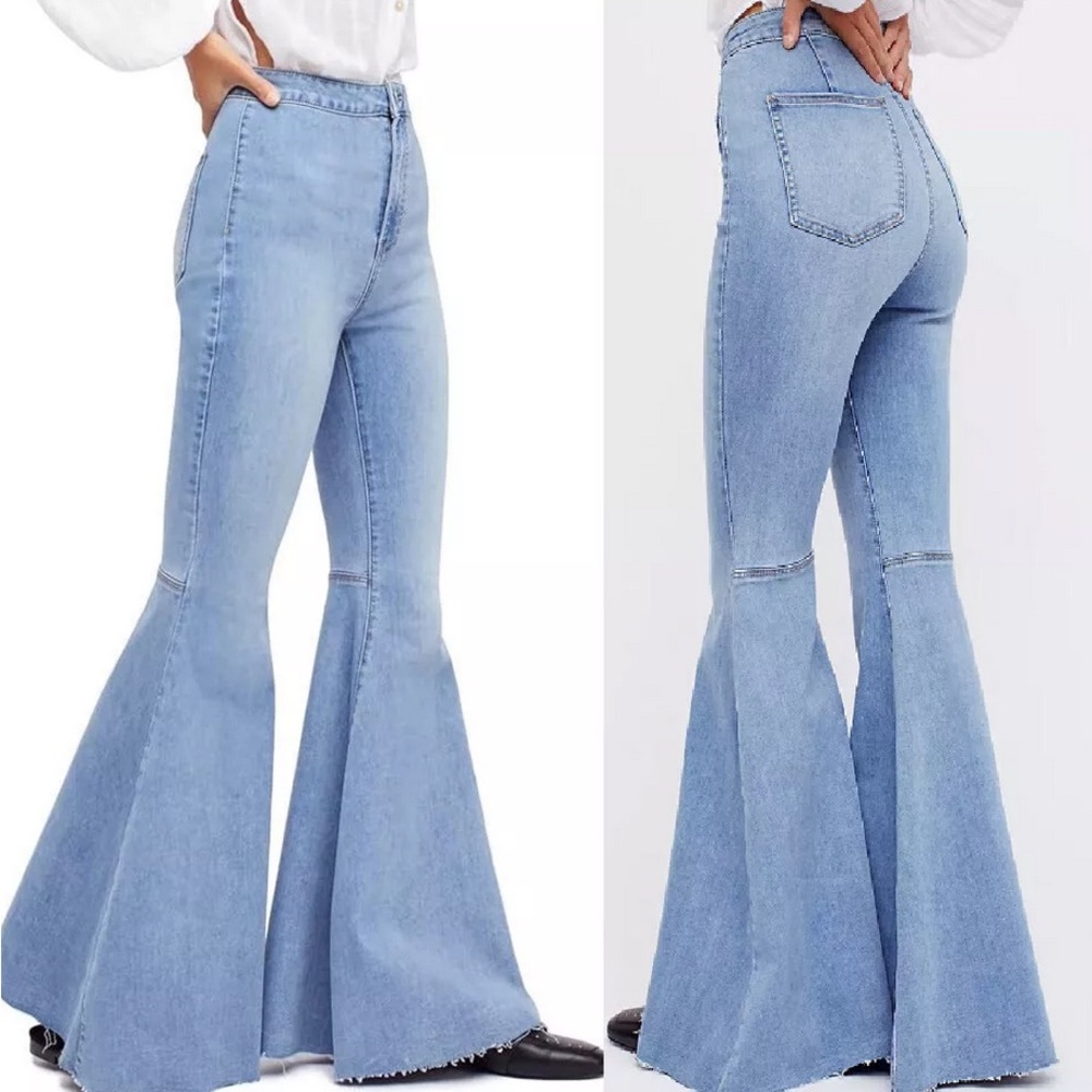 We The Free  People  Light Blue High-Waist Flare Jeans Size 29 Cotton Viscosa